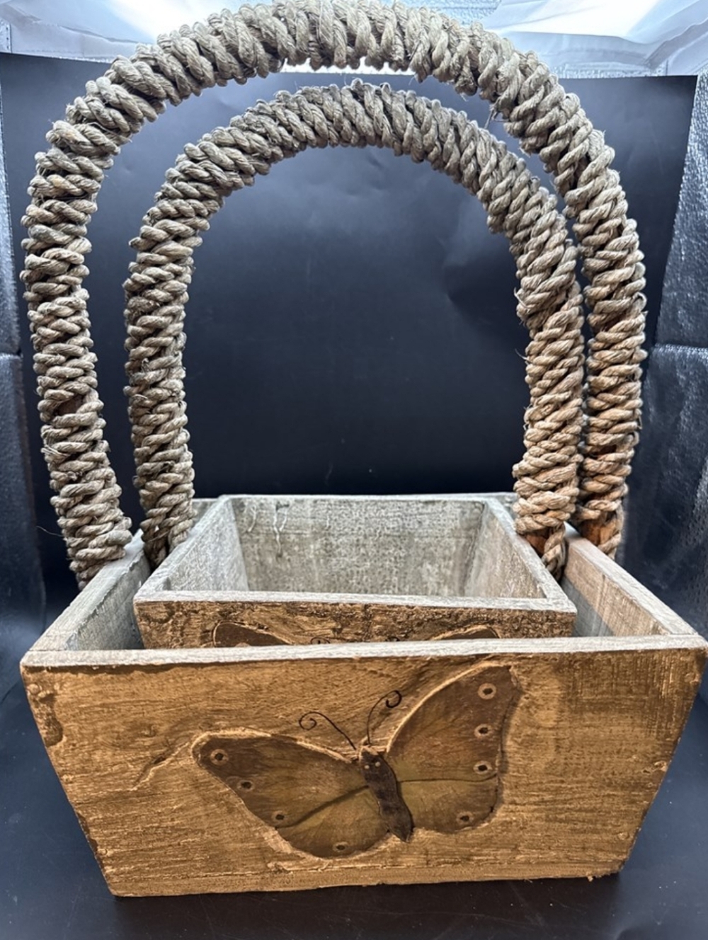 Rustic Butterfly Rope-Handle Wooden Planter Basket - Brown